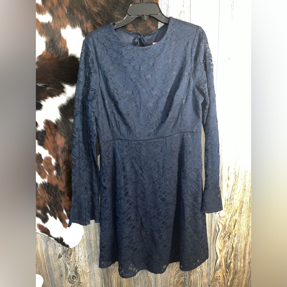 Betsey Johnson navy blue lace dress with tie back bow and zip size 14